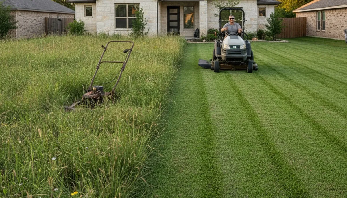 Before and after lawn mowing transformation by professional landscapers in Austin, TX