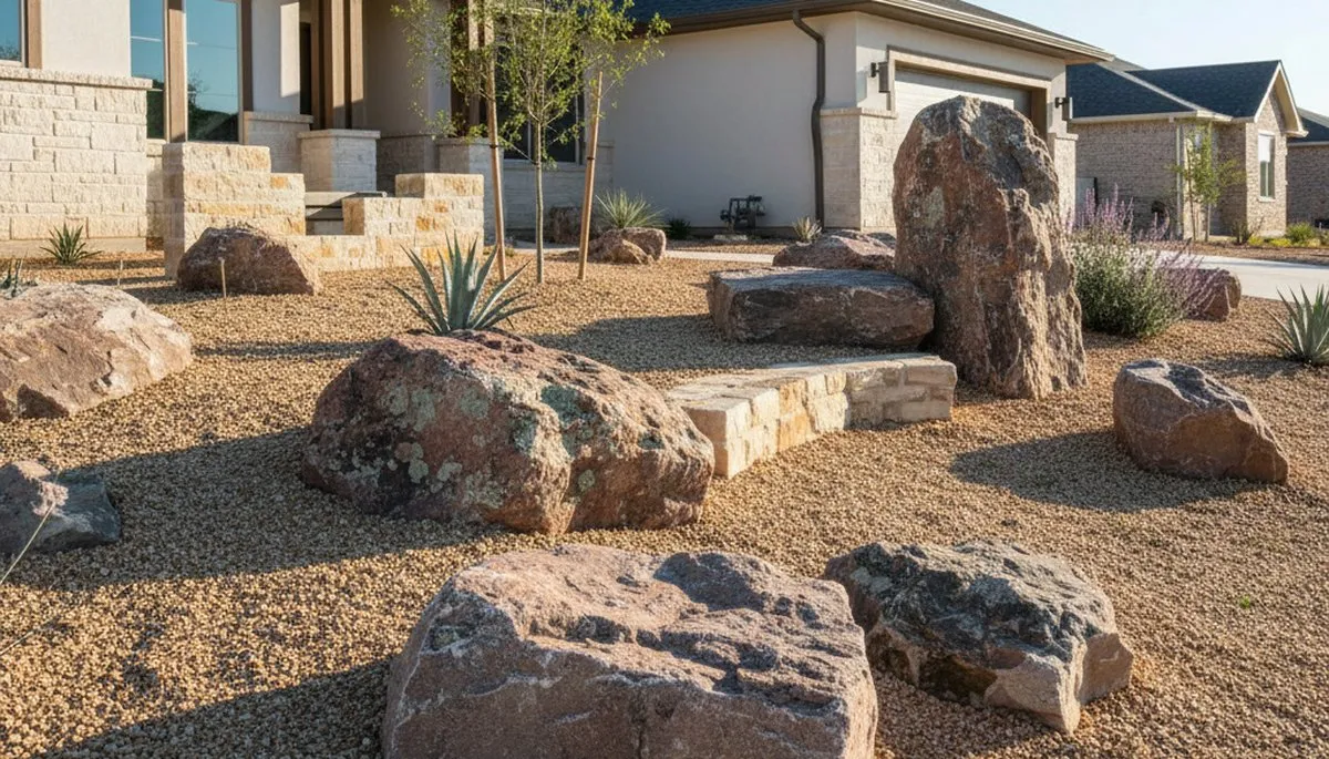 Decorative rock and boulder desertscape installation by professional landscapers in Austin, TX