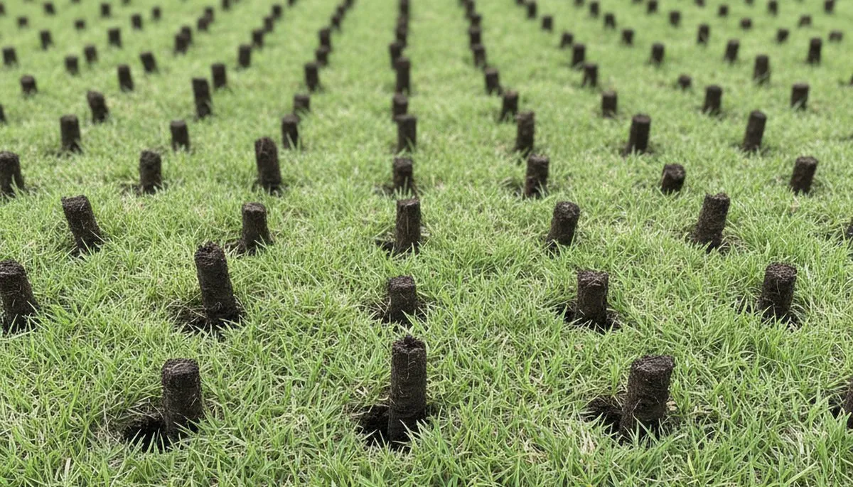 Close-up of soil core plugs after lawn aeration on residential turf in Austin, TX landscaping service