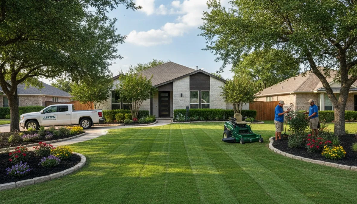 Lush green residential lawn with precise edging showcasing professional lawn maintenance in Austin, TX